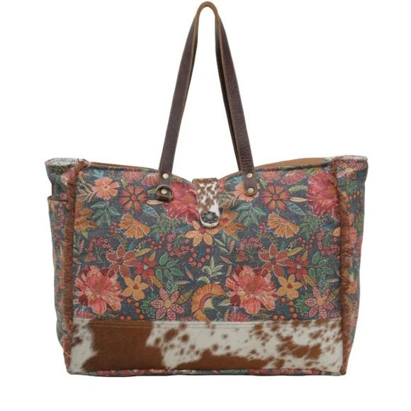 NWT Myra Bag Boho Leather & Floral Canvas Weekender Travel Bag - Picture 10 of 10